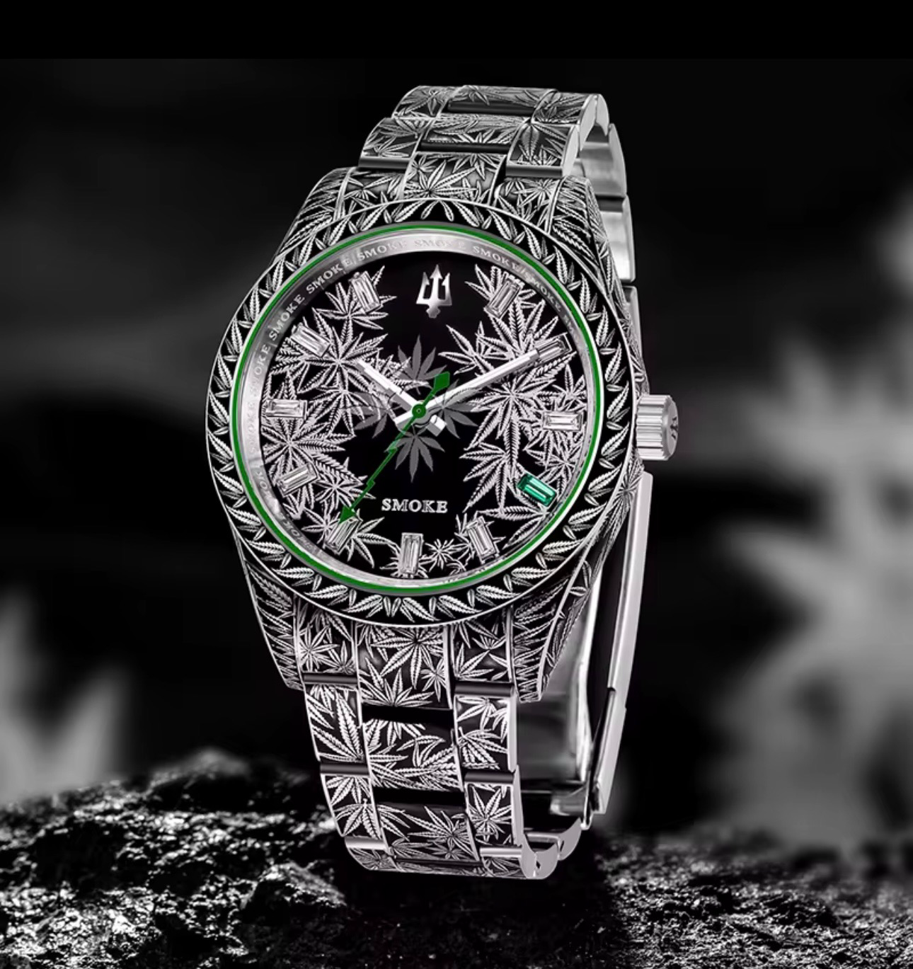 Load video: The Genesis luxury watch by Smoke and Diamondz — a stainless steel timepiece with VS baguette diamonds and sapphire crystal, inspired by 420 culture and elevated living.